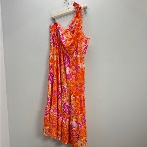 Pretty Garden Floral Dress Orange Pink One Shoulder Tiered Midi Maxi Womens XXL
